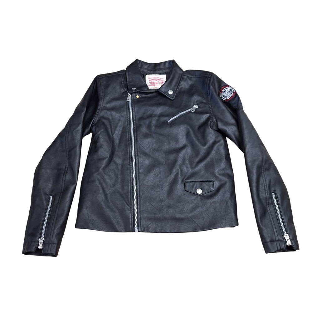 Levi's Biker Jacket Womens Large Cropped Full Zip Black Faux Leather Embroidered
